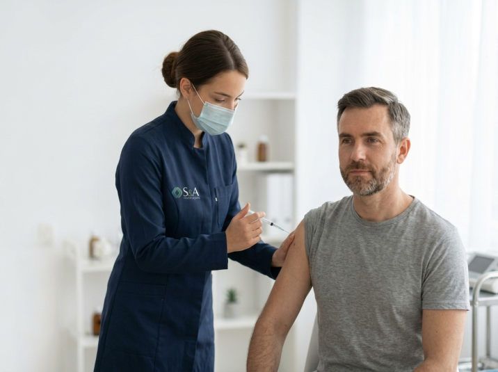 Profissional de saúde da S&A aplicando vacina em um paciente